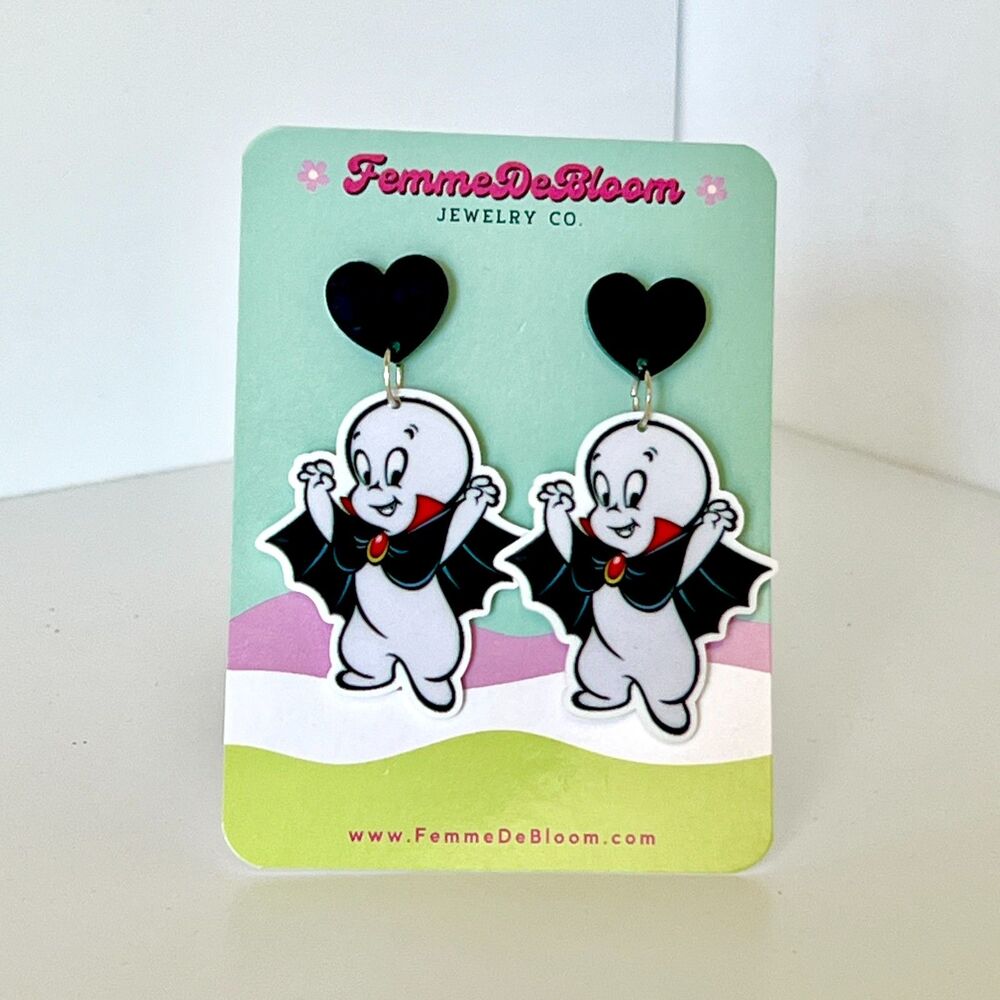 NWT FemmeDeBloom Casper The Friendly Ghost Vampire Dangle Drop 2" Earrings